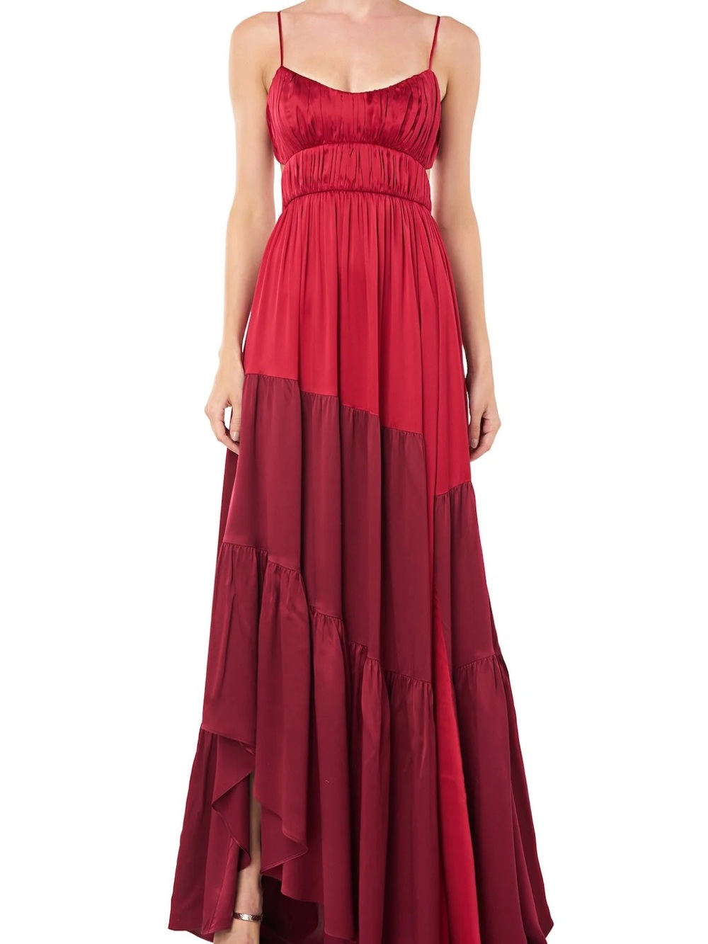 AMUR Zaidee Two-Tone Red Tiered Maxi Dress with Spaghetti Straps